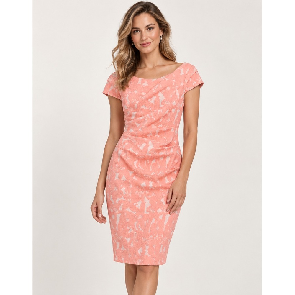 Adrianna Papell Size 4 Coral Metallic Jacquard Hibiscus Cocktail Sheath Dress